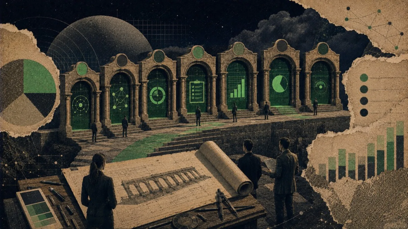 Editorial collage: blueprint and seven doors for campaign briefing