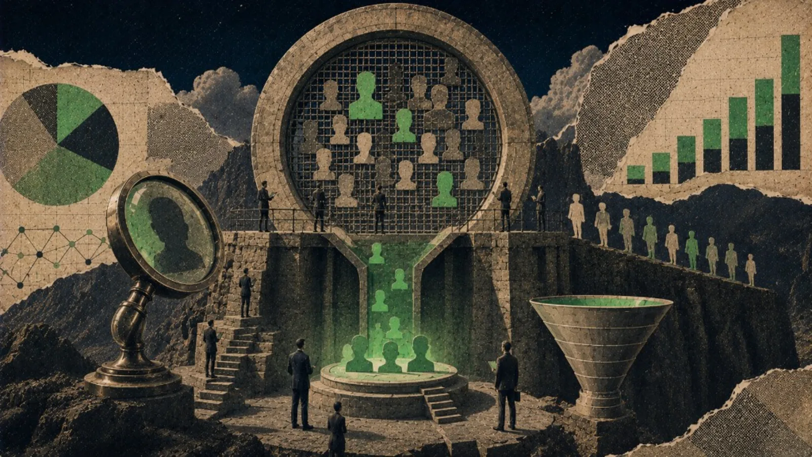 Editorial collage: sieve monument for choosing B2B campaign creators