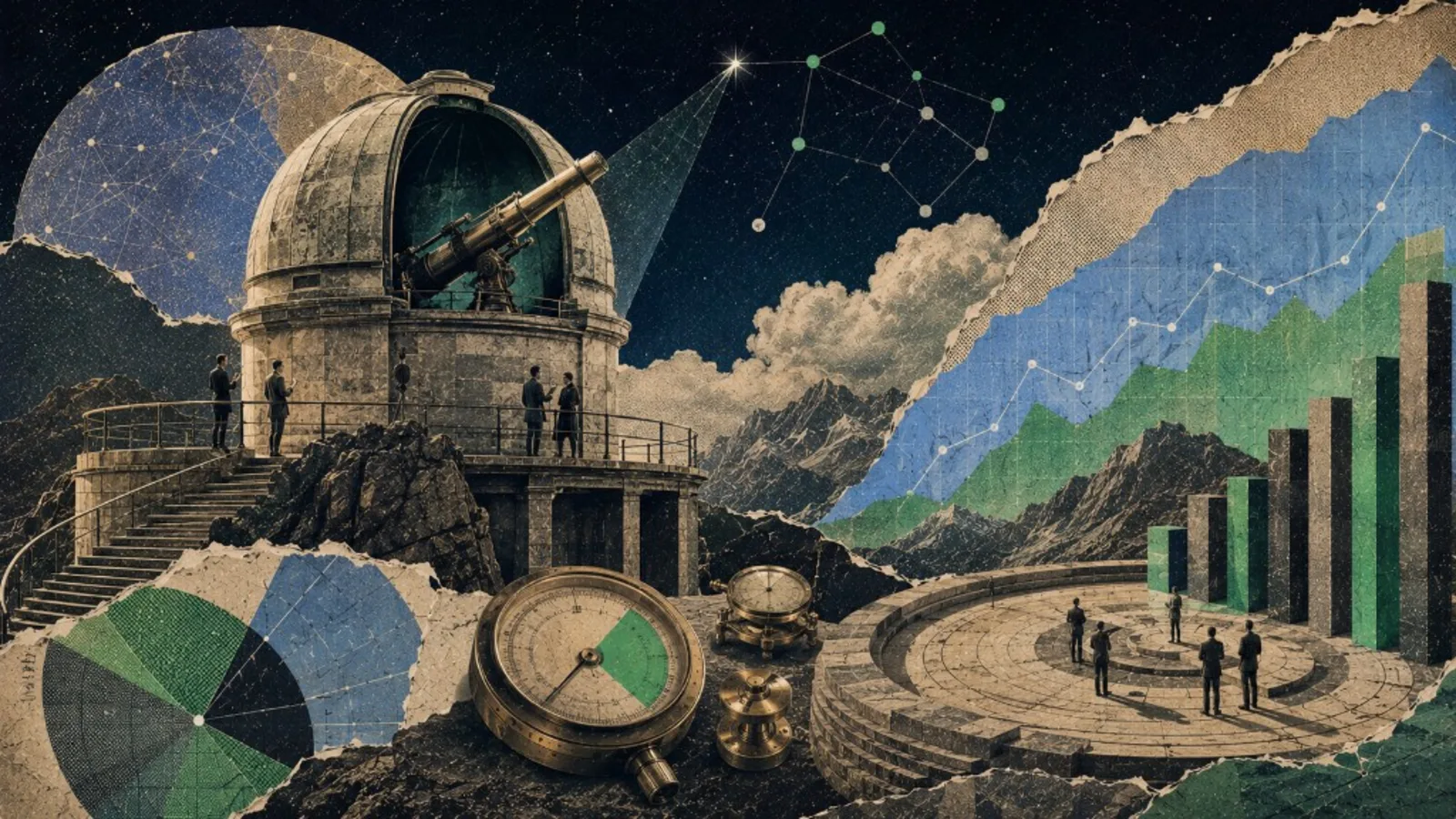 Editorial collage: observatory and measurement instruments for measurable creator marketing