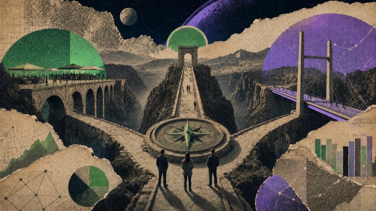 Editorial collage: crossroads with three bridges for marketplace model choice