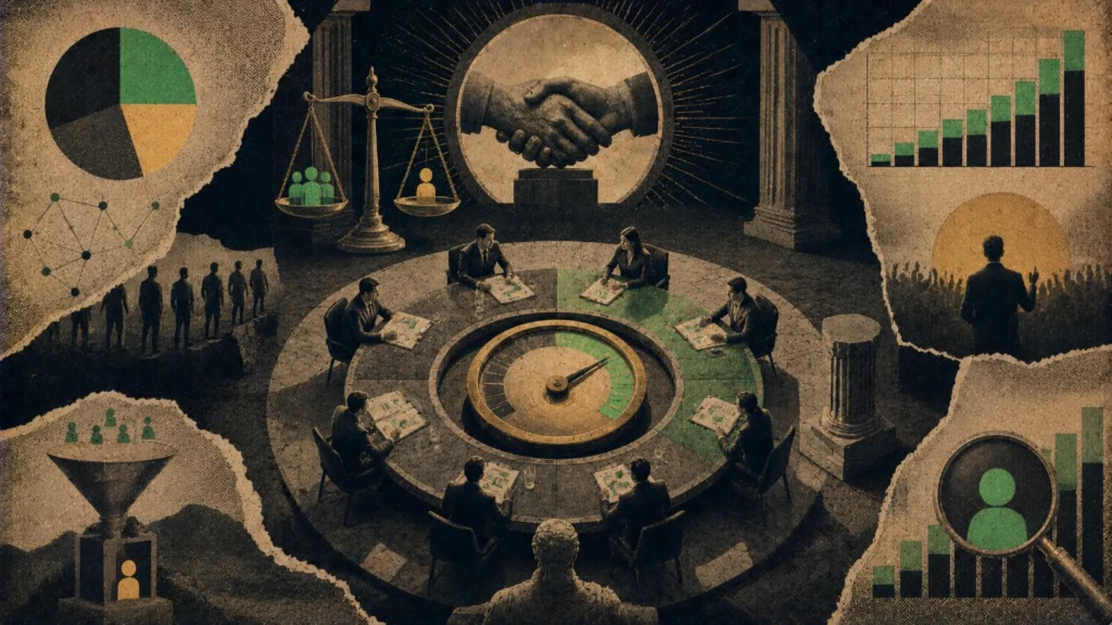 Editorial collage: negotiation table monument for CPC deals
