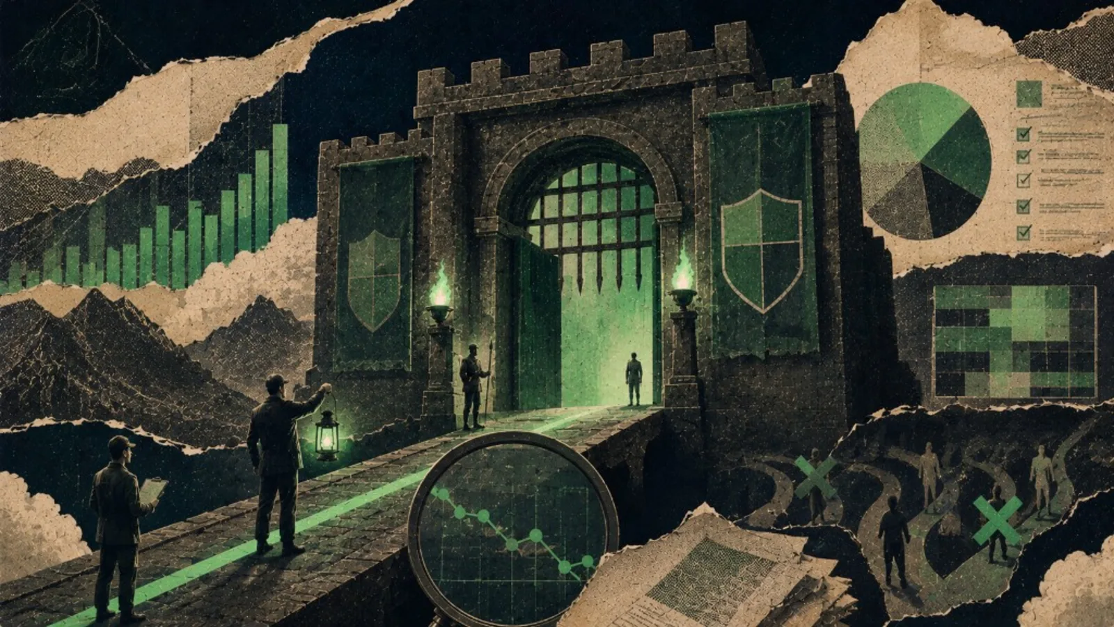 Editorial collage: fortress gatekeeper metaphor for CPC fraud prevention