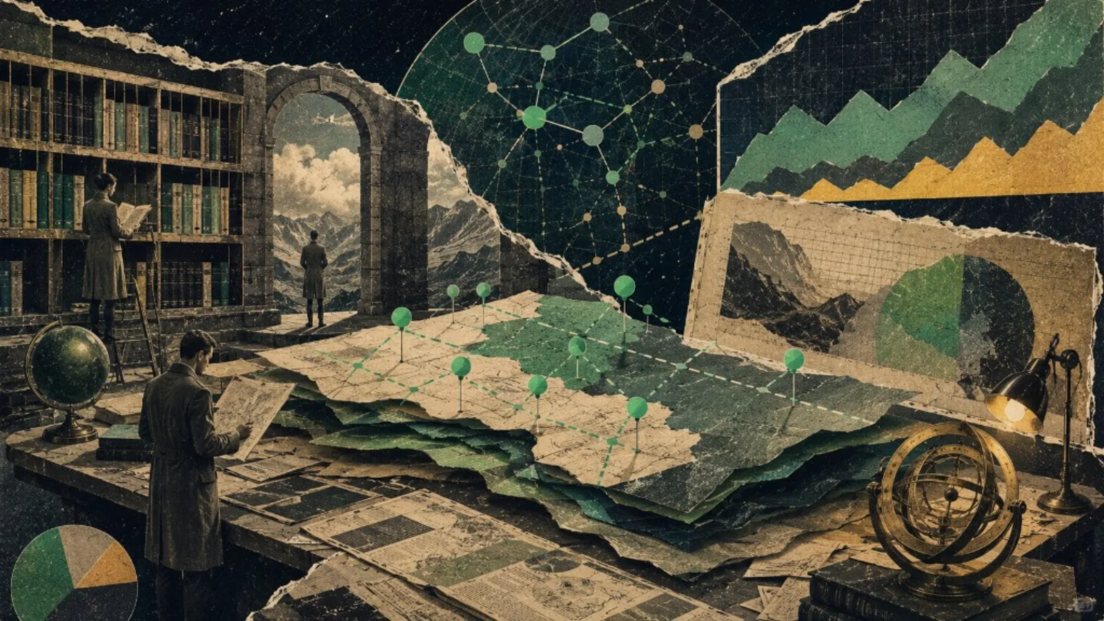 Editorial collage: map room and atlas for creator marketing guide hub