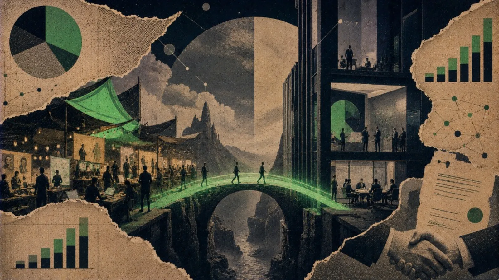 Editorial collage: bazaar versus tower for marketplace vs agency