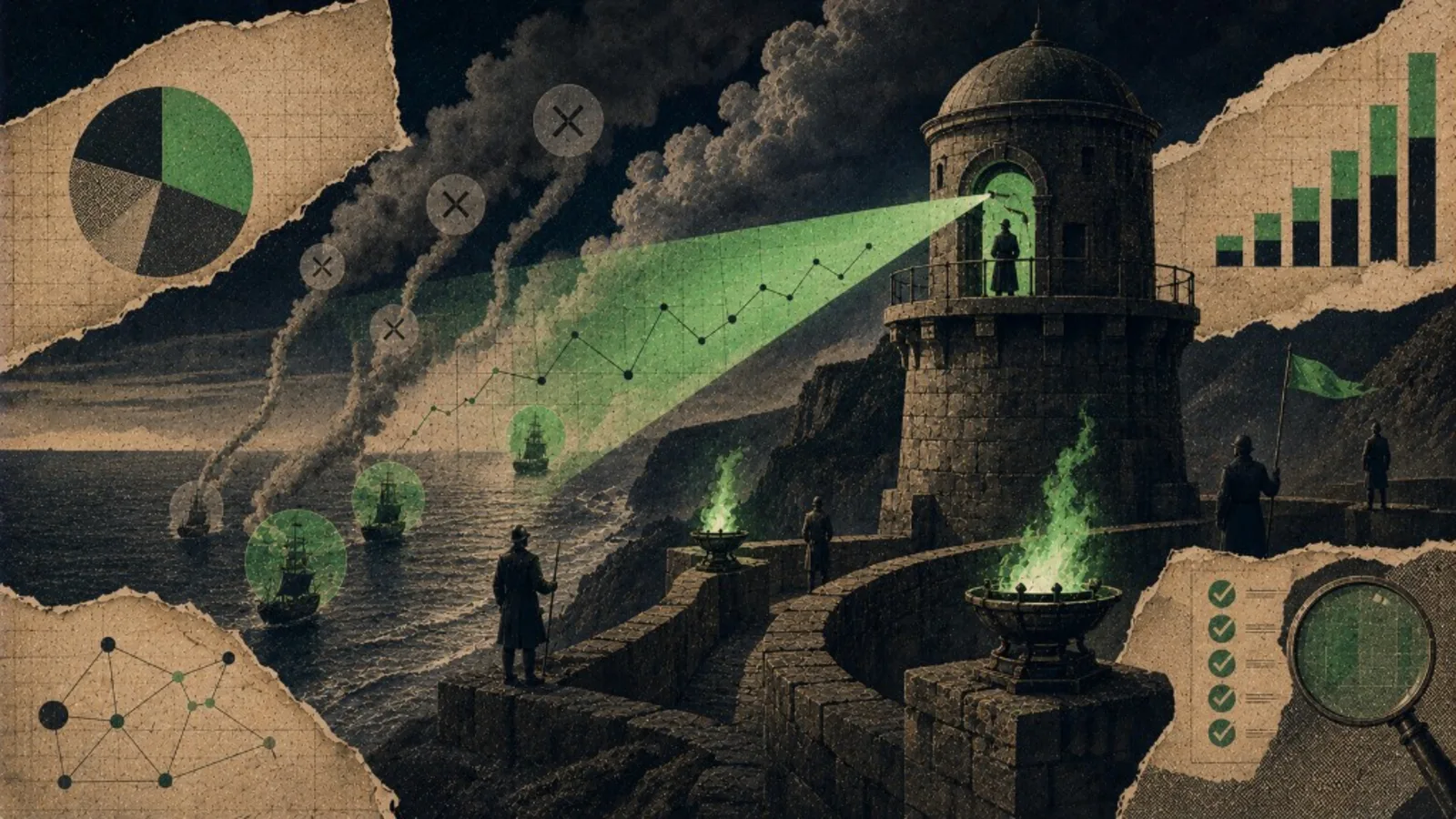 Editorial collage: watchtower and signal fires for click anti-fraud