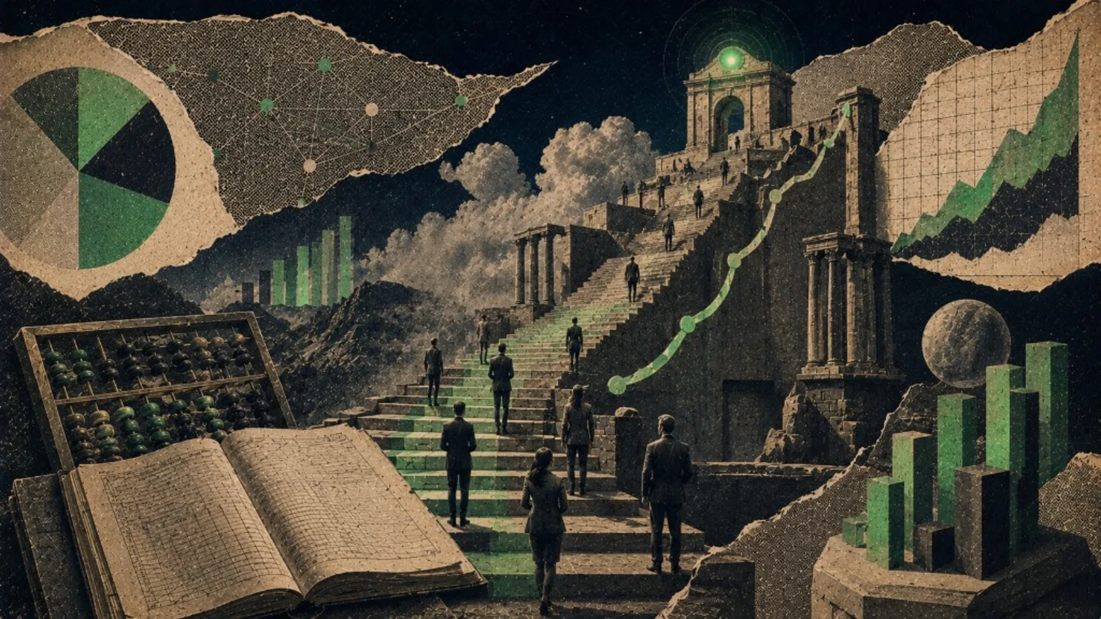 Editorial collage: monumental staircase and ledger shapes for creator marketing ROI