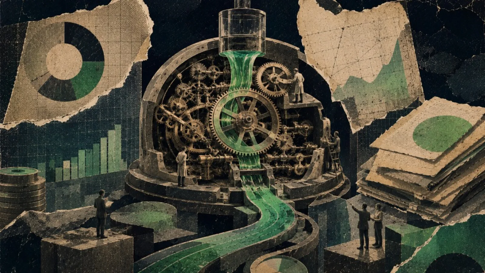 Editorial collage: clockwork mechanism for platform fee transparency